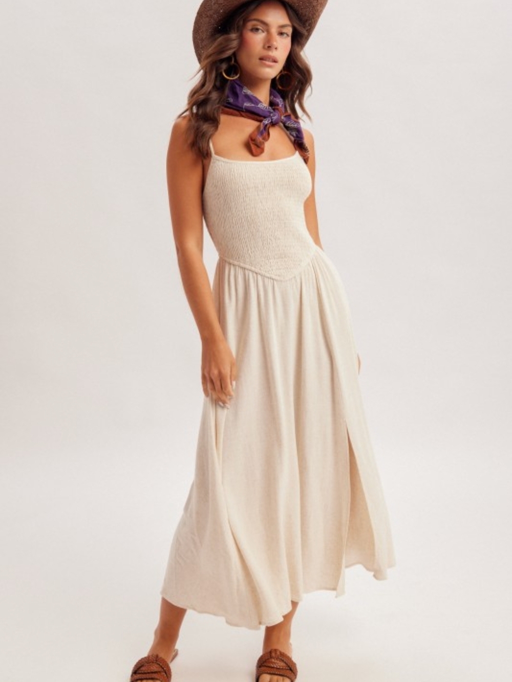 Hem & Thread Cream Smocked Maxi Dress with Square Neck